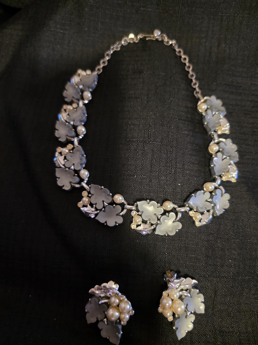 Women's Silver Floral Statement Necklace and Clip-On Earrings with Pearl Accents